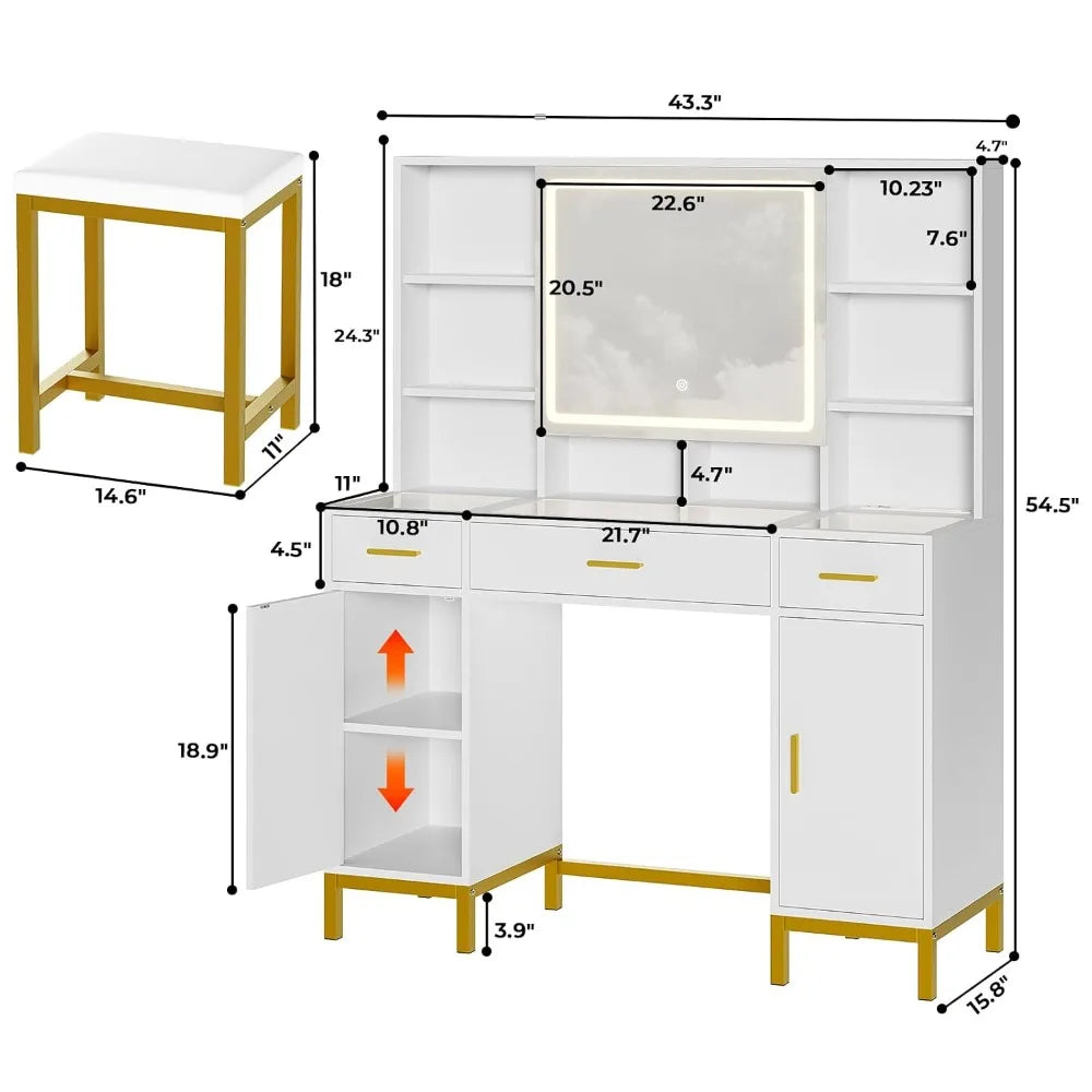 White Vanity Desk, Openable Light Mirror & Glass Tabletop, Charging Station Makeup Dressing Table, Custom