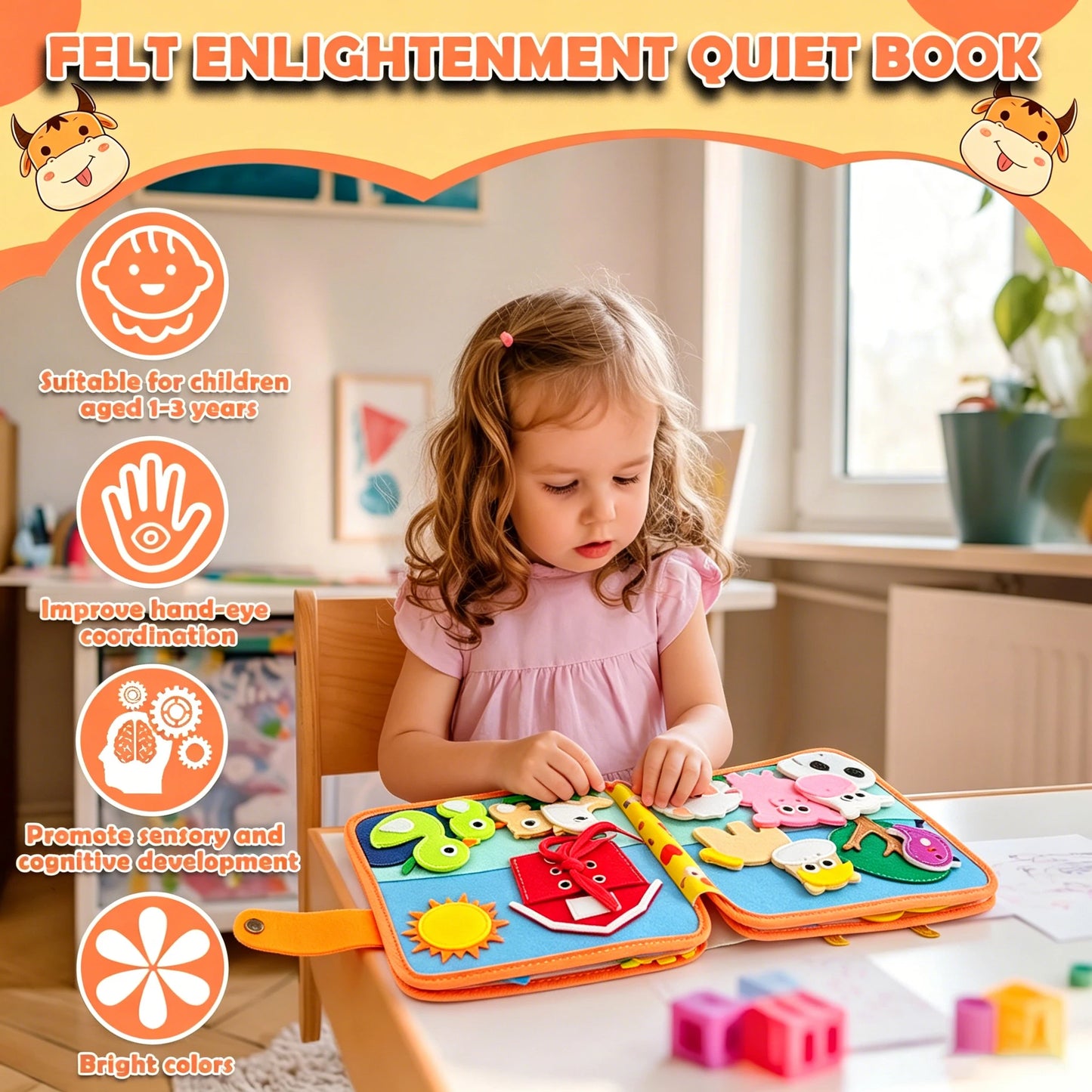 Children's baby early education intelligence learning baby toys felt learning board, busy board, busy book, cloth book, including life skills, alphabet, numbers, shapes colors, animals, weather, toddler travel toys, birthday