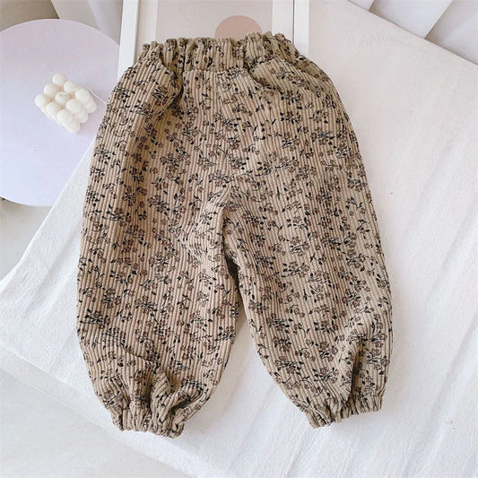 Spring Autumn Girls Korean Corduroy Floral Pants Thicken Fleece Warm Children Trousers Fashion Leopard Print Boys Pants Outwear