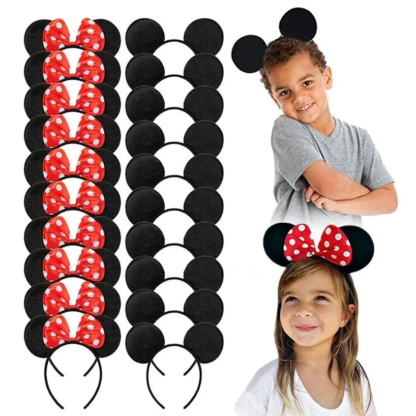 CHuangQi 12pcs Mouse Ears Headband with Bow, Mickey Minnie Ears Headwear for Boy / Girl Birthday Party, Great Party Favors