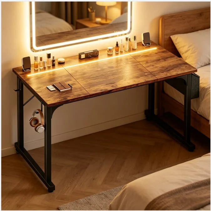 EnHomee 31.5" RGB LED Vanity Desk Waterproof Writing Desk with Headphone Hook & Storage Bag, Metal Frame Home Office Table for Bedroom Dorm