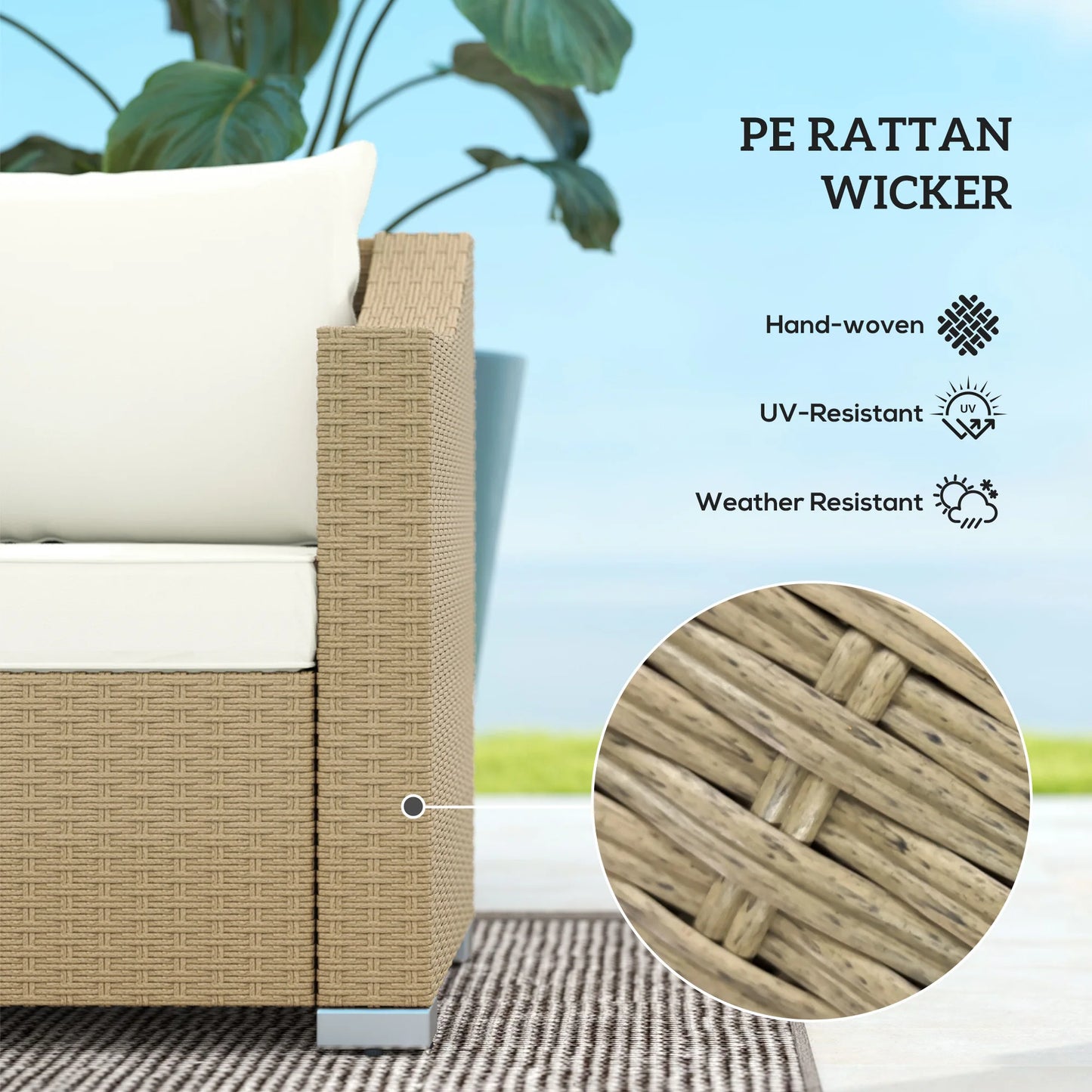 3 Seater Patio Wicker Sofa, Outdoor Furniture Rattan Couch with Cushions, Throw Pillows, for Garden, Backyard, Porch