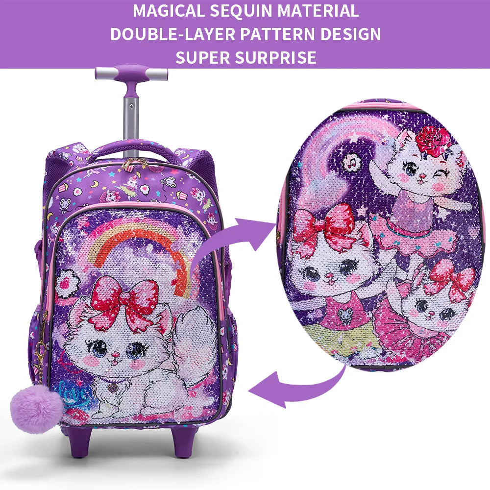 3PCS Kids travel bag, Luggage Bag, Bookbag with wheels, With Lunch Box And Pen Bag, Pink Cat sequin, Nighttime reflective