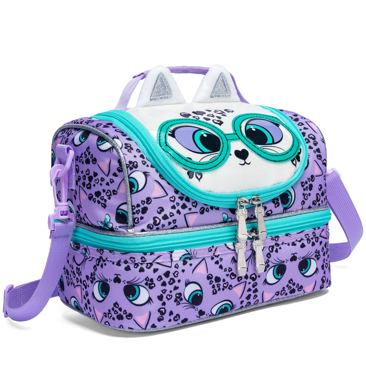 Cute Cartoon Animal Double Deck Girls Lunch Bag Portable Insulated Leakproof Lunch Tote with Detachable Shoulder Strap for School Nursery