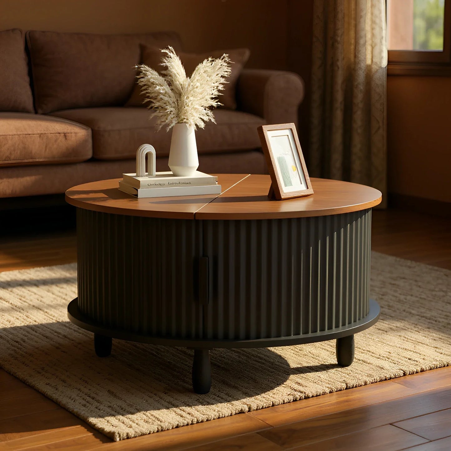 Round Wooden Coffee Table 30.7 inch With Storage Function Suitable For Home Living Room Office With Sliding Cabinet Door