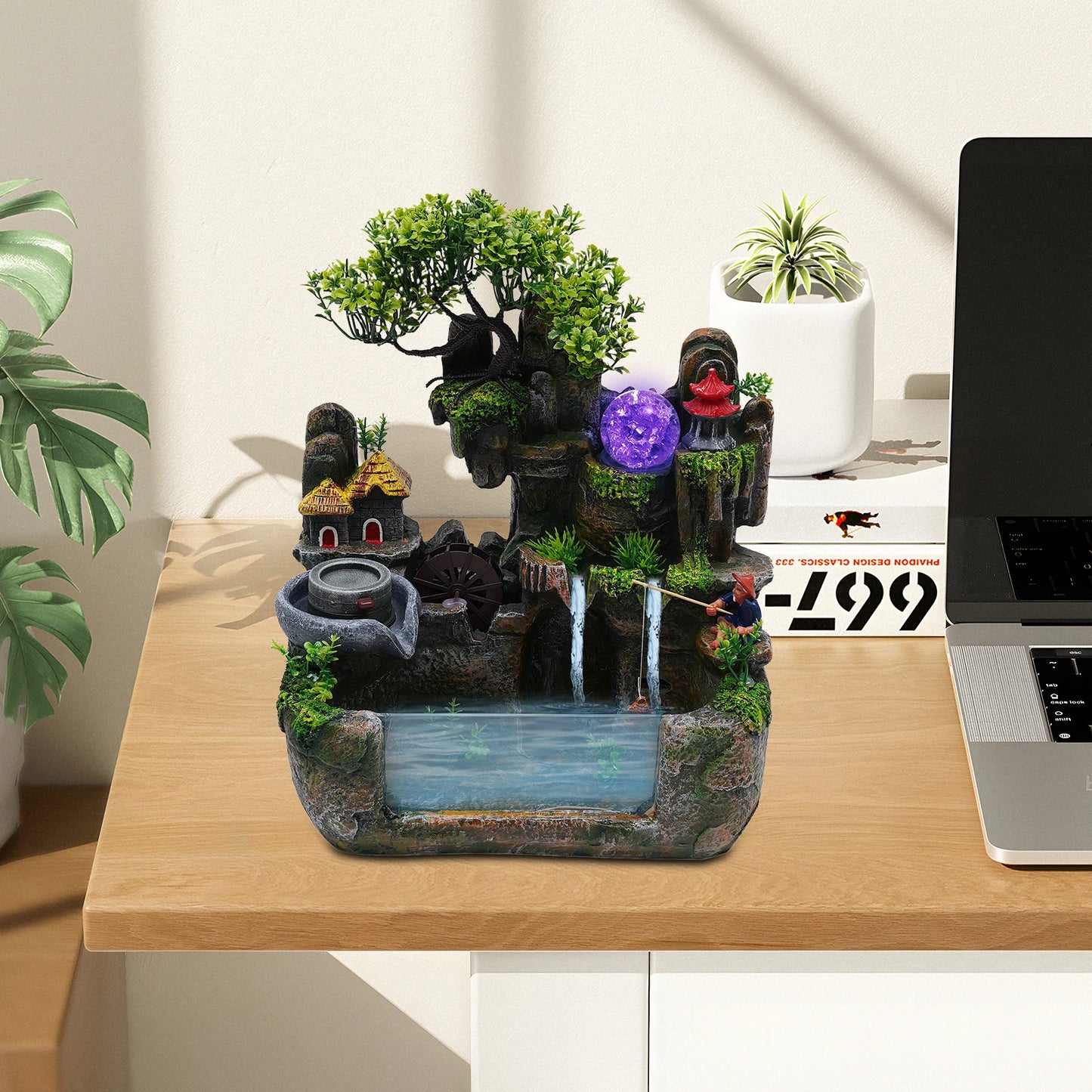 110V Resin Desktop Rockery Water Fountain Built-in Atomizer, Indoor Feng Shui Cascading Waterfall Ornament for Office Corridor Decoration
