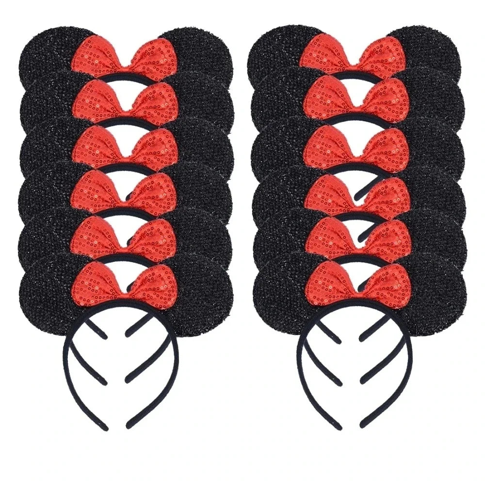 CHuangQi 12pcs Mouse Ears Headband with Bow, Mickey Minnie Ears Headwear for Boy / Girl Birthday Party, Great Party Favors