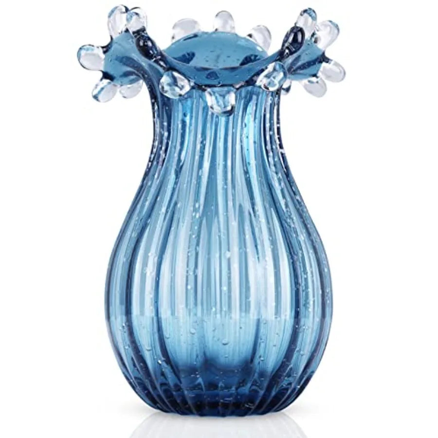 Blown Glass vase, Green Glass vase, Modern Art vase, Wide Mouth vase for Living Room Wedding Table Office centerpieces with Flo