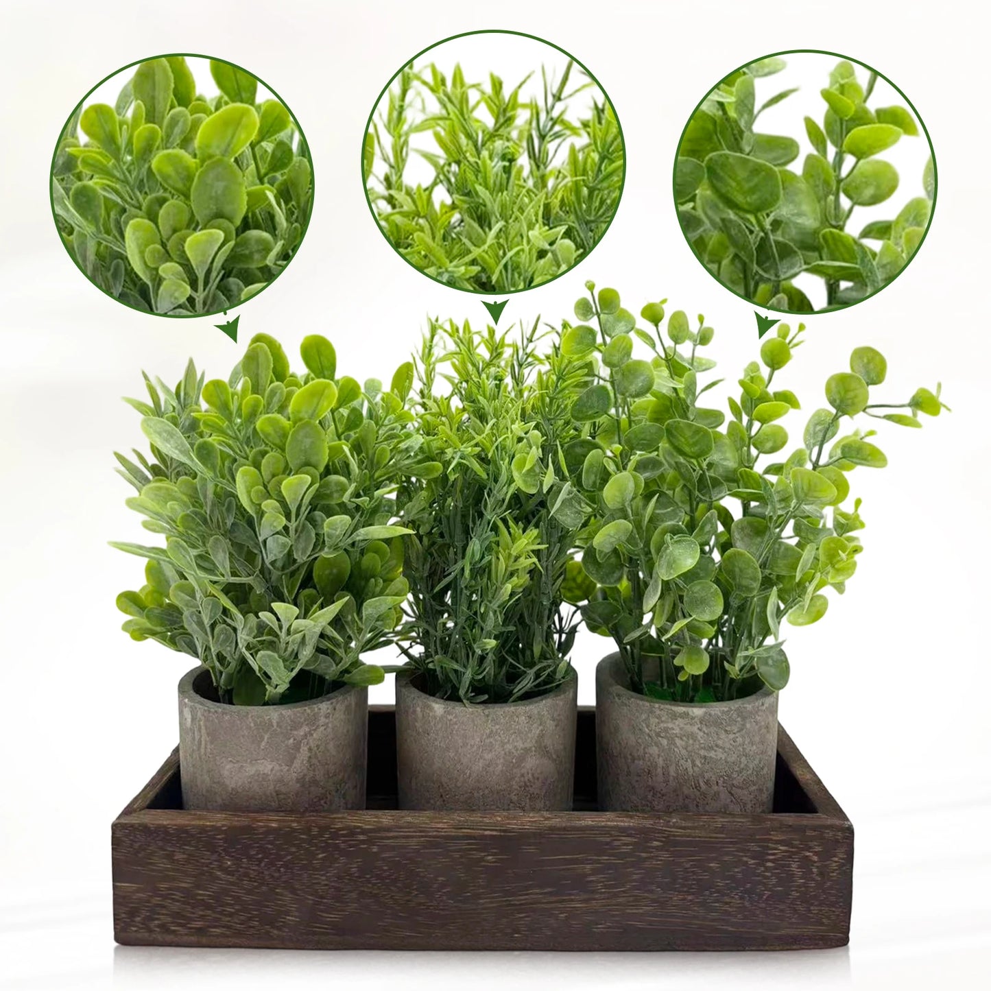 3 Pack Small Artificial Eucalyptus Potted Plants, Fake Greenery Plants in Pots with Wooden Tray, Small Farmhouse Table Centerpiece Decor for Coffee Table Dining Room Home Office