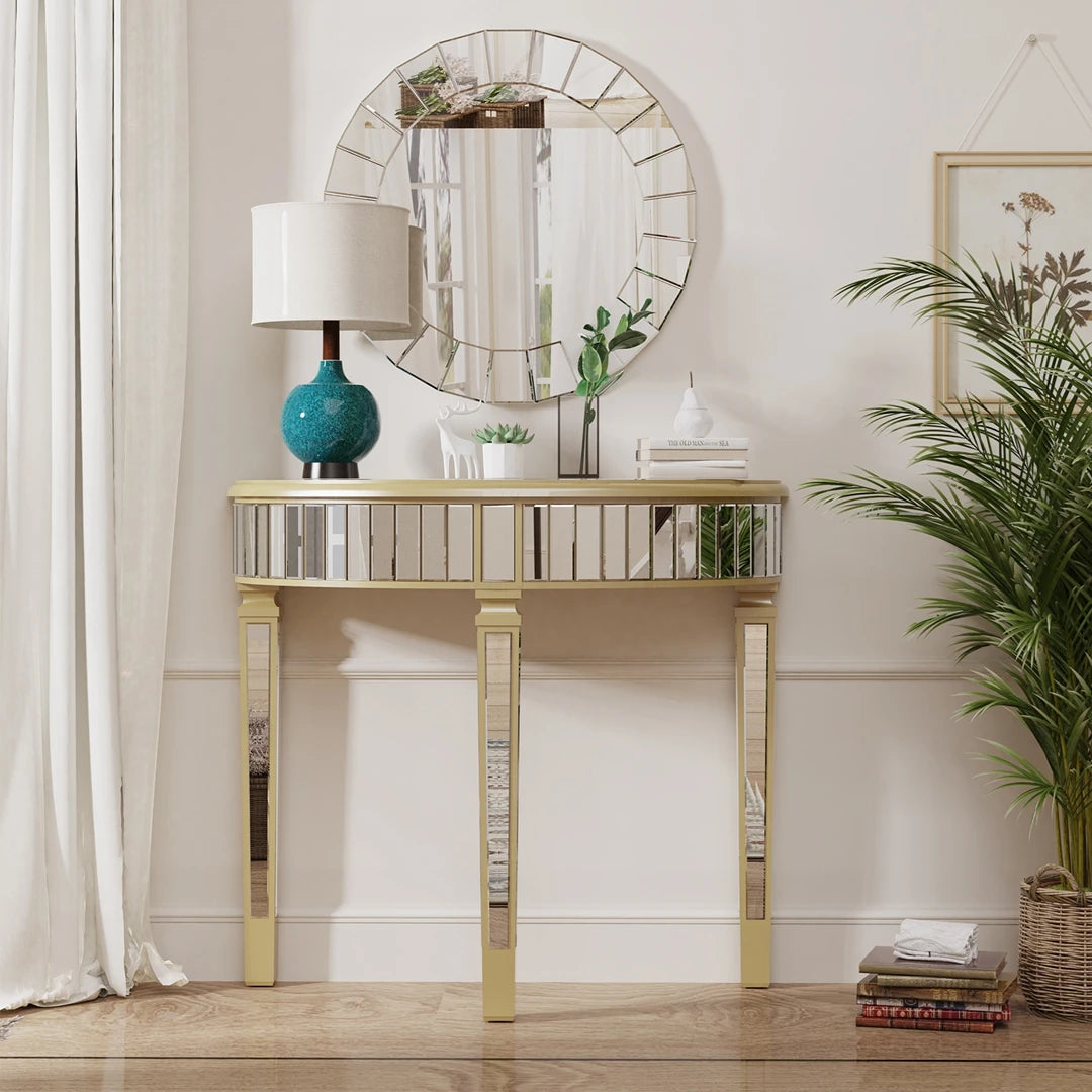 Modern HalfMoon Mirrored Console Table Silver Finish Living Room Home Office Foyer Hallway Decor Furniture Small Space