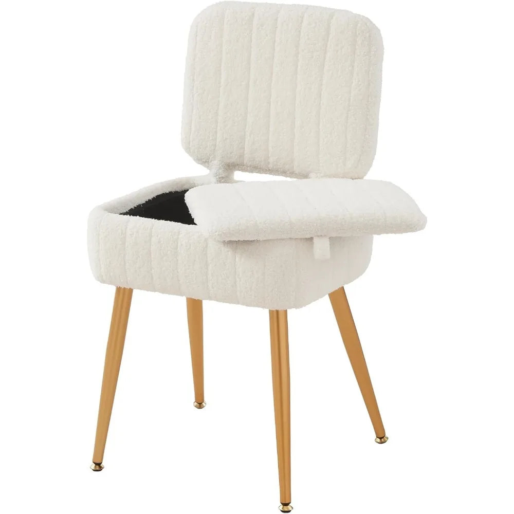 Foldable Back Velvet Vanity Chair Ottoman with Storage and Metal Legs for Dressing Living Bedroom