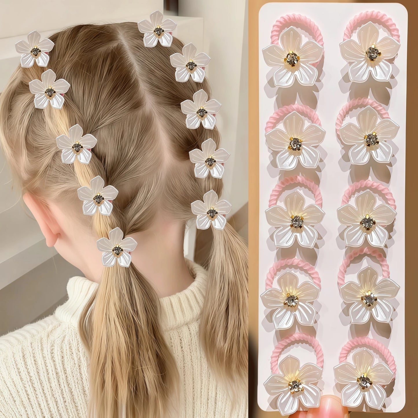 10Pcs Girls Elastic Hair Bands with Rhinestone and Flower Decorations High Elasticity Durable Hair Ties for Outdoors and Braiding