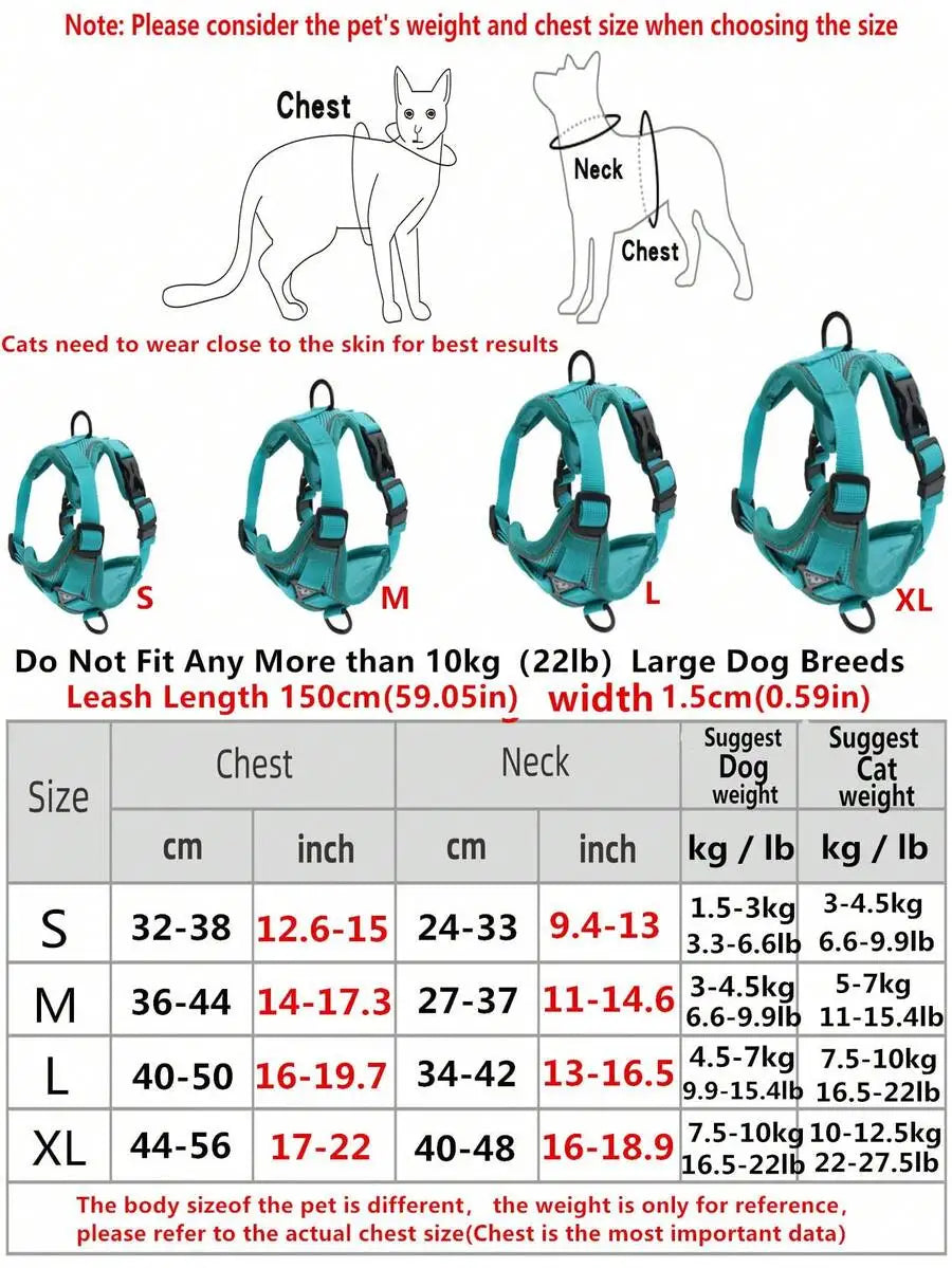 Reflective Pet Harness And Leash Set, Suitable For Dogs & Cats, Escape-Proof Adjustable Small Dog Chest Strap With Soft Mesh