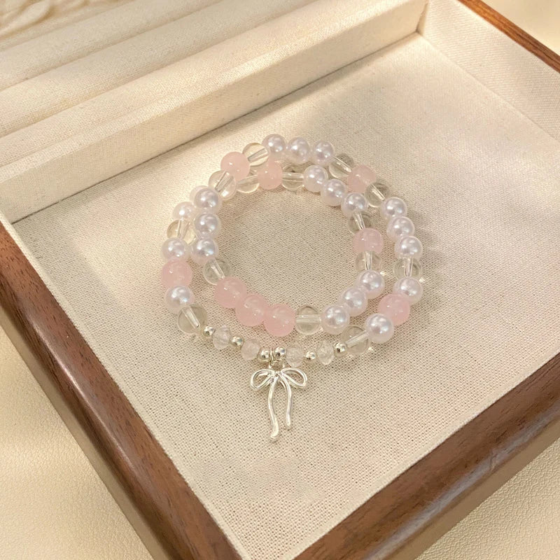 Cute Pink Beaded Imitation Pearl Bracelet For Women Girl Elegant Y2k Sweet Korean Charm Bowknot Bow Jewelry Party Gifts
