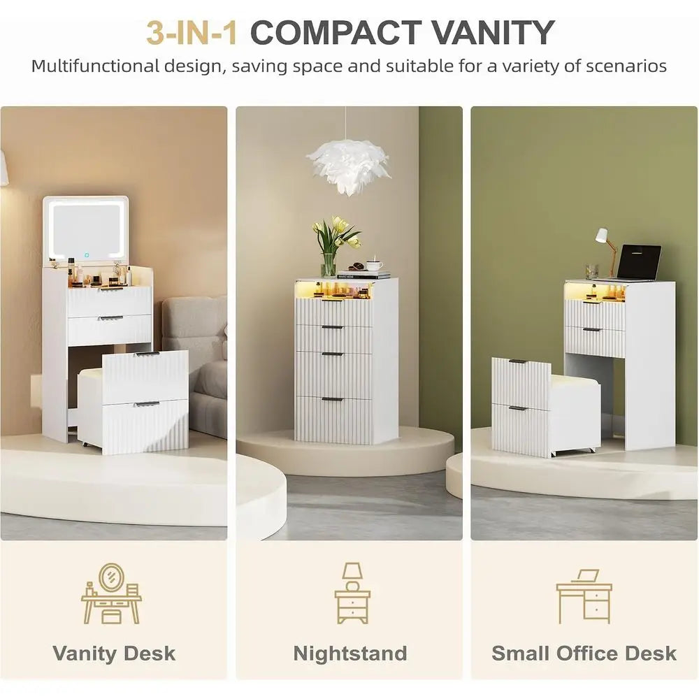 Compact White Vanity Desk with Flip Mirror, Glass Top and Storage, Includes Padded Stool