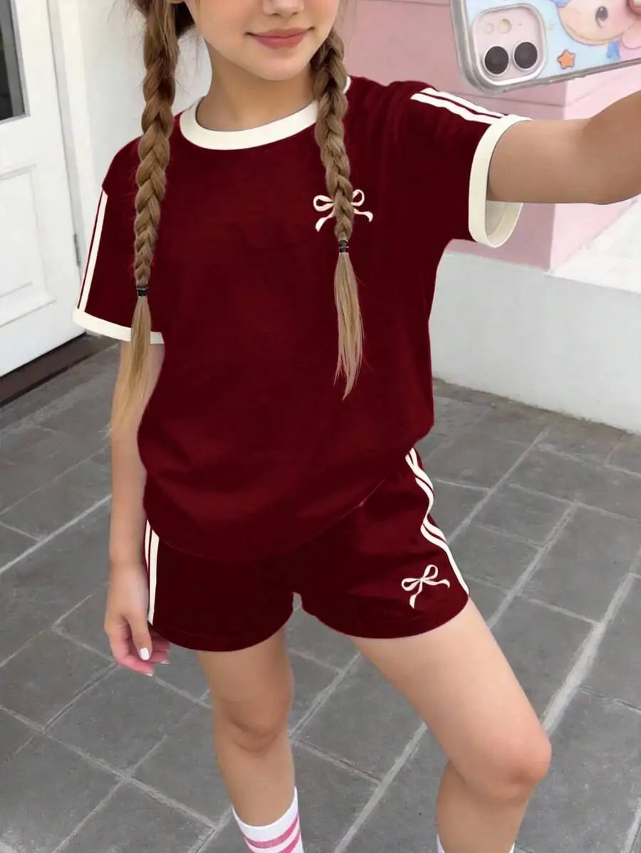 Womens Cherry Bow Print Short Sleeve T-Shirt And Plaid Shorts 2-Piece Set Summer Casual Streetwear Outfit