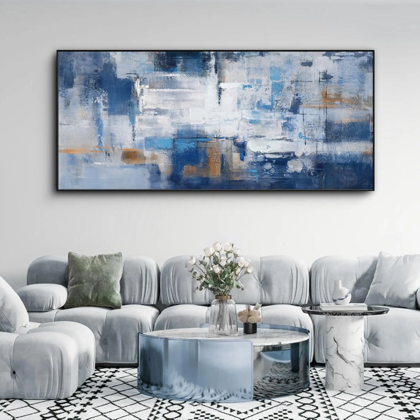 Blue Abstract Canvas Wall Art - Black Frame Artwork Picture Living Room Wall Decor Modern Paintings Large Wall Art for Bedroom Home Decoration