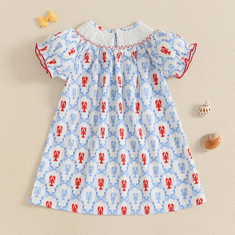 Cute Baby Girls Dress with Crab Print Round Neck and Short Sleeves Adorable Casual Dress for Summer Toddler Kids Beach Dress