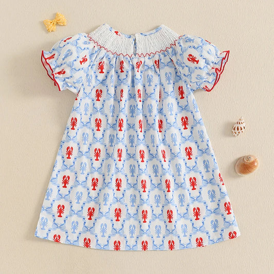 Cute Baby Girls Dress with Crab Print Round Neck and Short Sleeves Adorable Casual Dress for Summer Toddler Kids Beach Dress