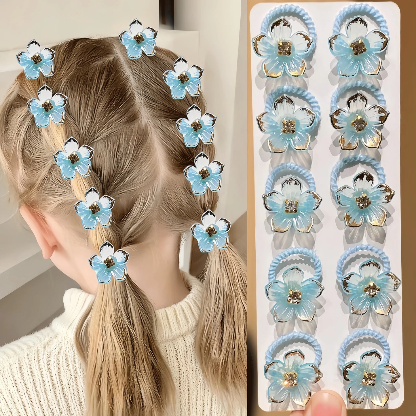 10Pcs Girls Elastic Hair Bands with Rhinestone and Flower Decorations High Elasticity Durable Hair Ties for Outdoors and Braiding