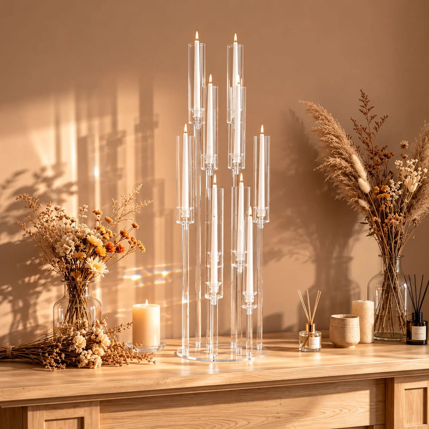 10 Arm Acrylic Candelabra Centerpieces 37.7 Inch Tall Floor Candlestick Holder with Lampshades for Wedding Table Decorations Party Event