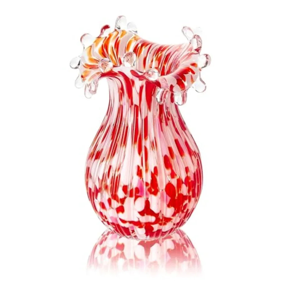 Hand Blown Glass Vase for Flowers, 8 Inch Red Crystal Flower Vases for Bouquet Home Decor Decorative Centerpieces, Unique Gift