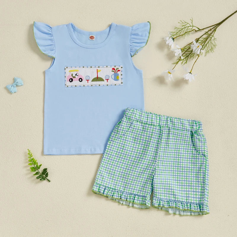Adorable Baby Girls Summer Outfits with Embroidered Golf Design Flutter Sleeves and Elastic Ruffle Plaid Shorts - Stylish