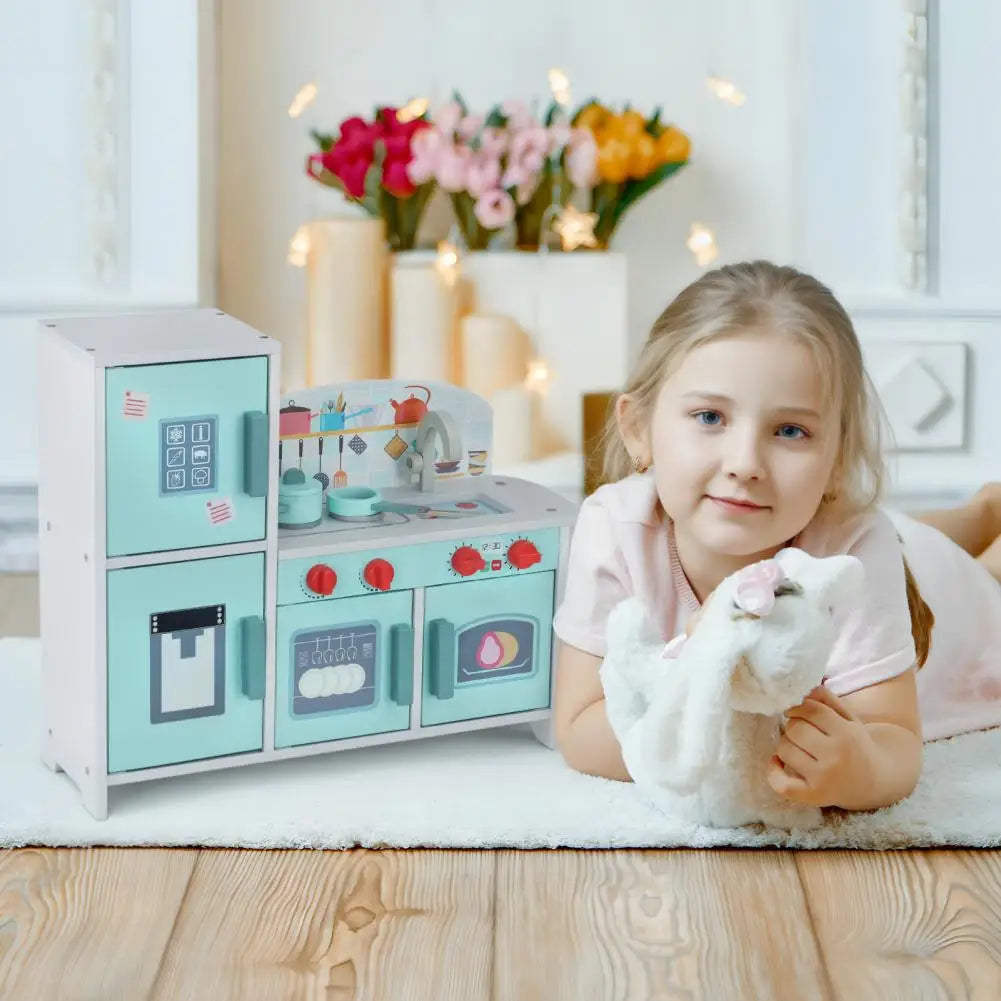 Wooden Kitchen Play Set with Rich Accessories, Sturdy Construction Children Simulated Fridge Toy,Pretend Play Kitchen Set