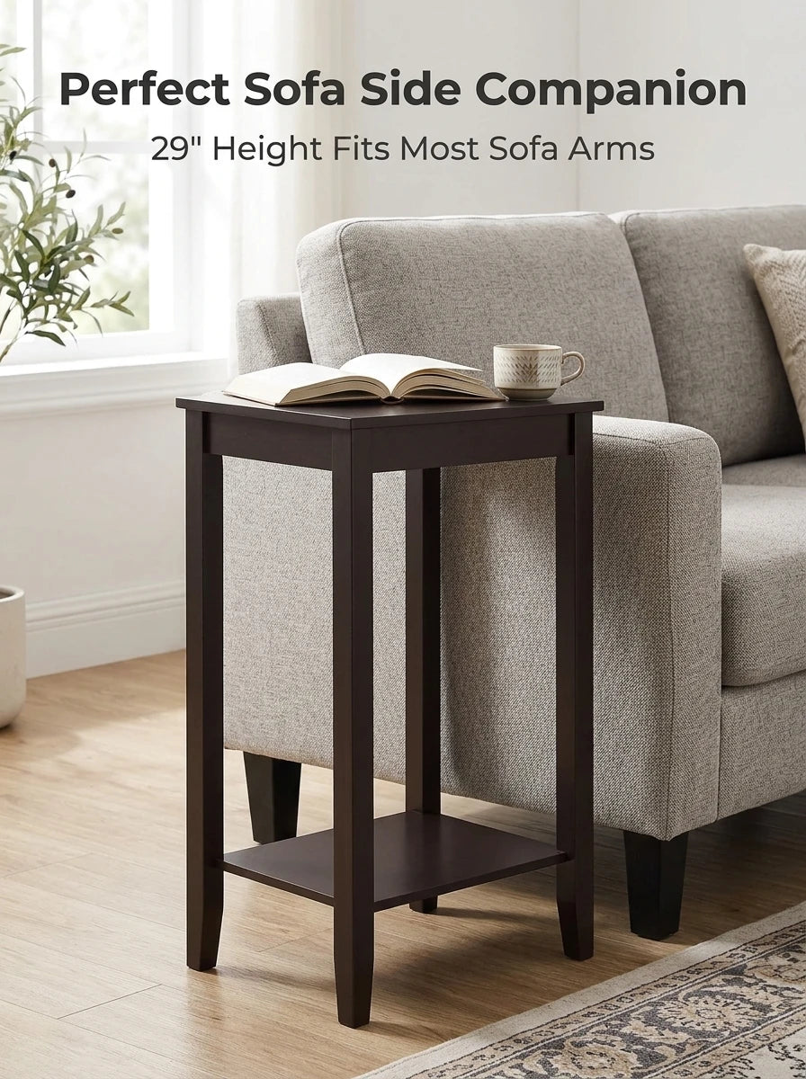 End Table, Tall Narrow Side Table with Wood Frame and Storage Shelf, Compact Nightstand for Living Room, Bedroom
