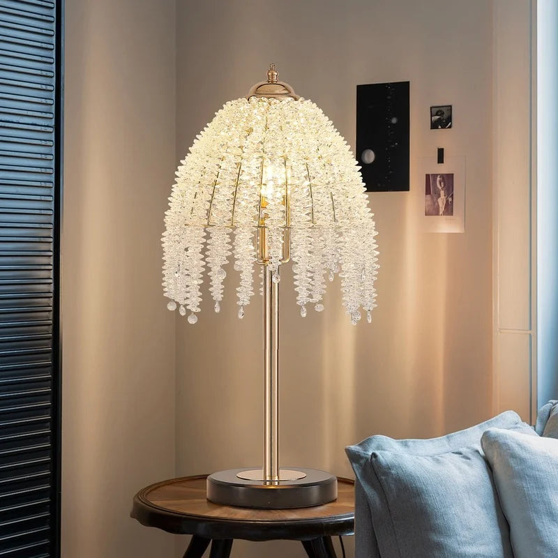 19" Elegant Crystal Table Lamp with Waterfall Bead Shades and Marble Base for Living Room, Bedroom, Office (Bulb Not Included)