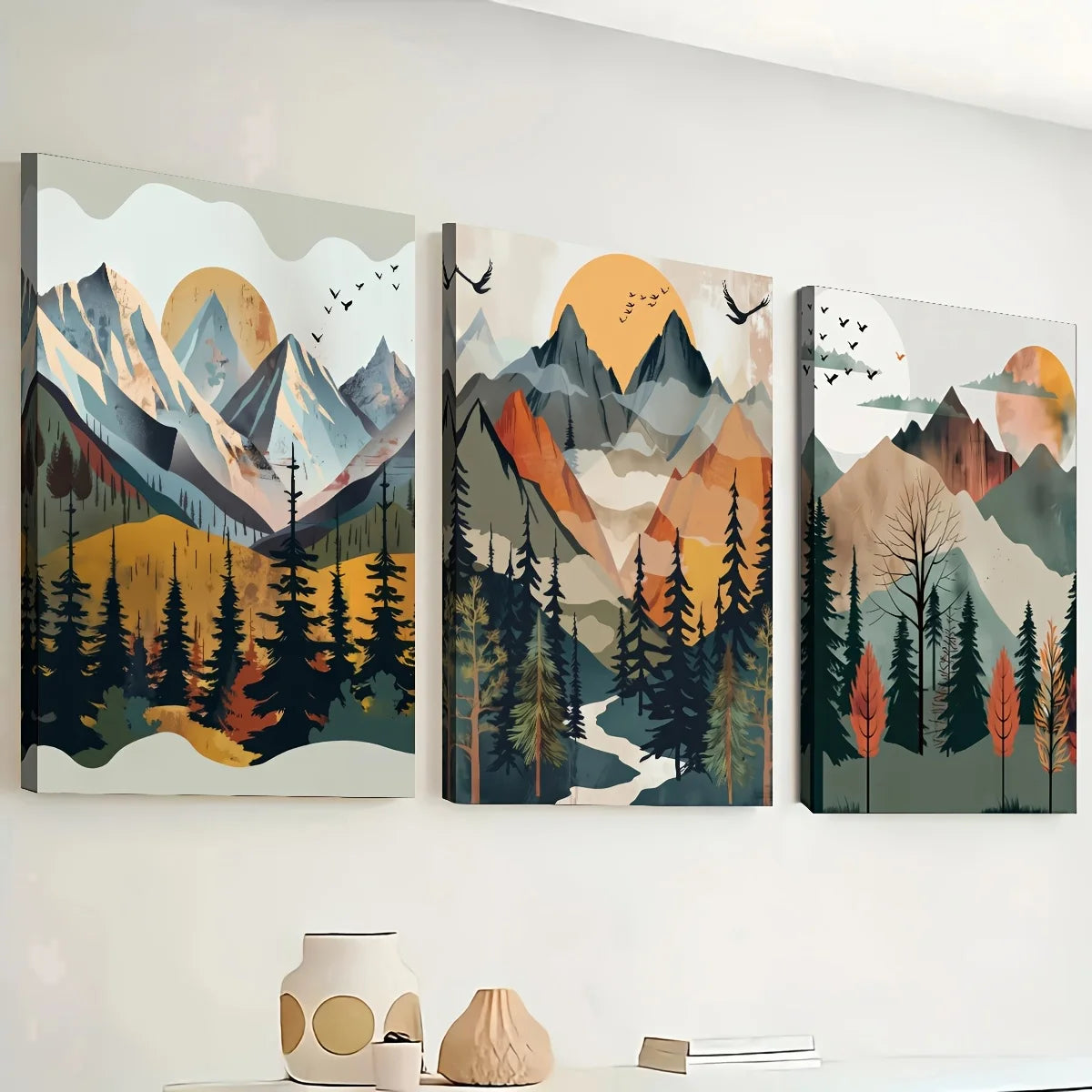 Abstract Mountain Landscape 3-Piece Wood Framed Canvas Wall Art Set, Scenic Nature Decor for Living Room Bedroom, Ready to Hang