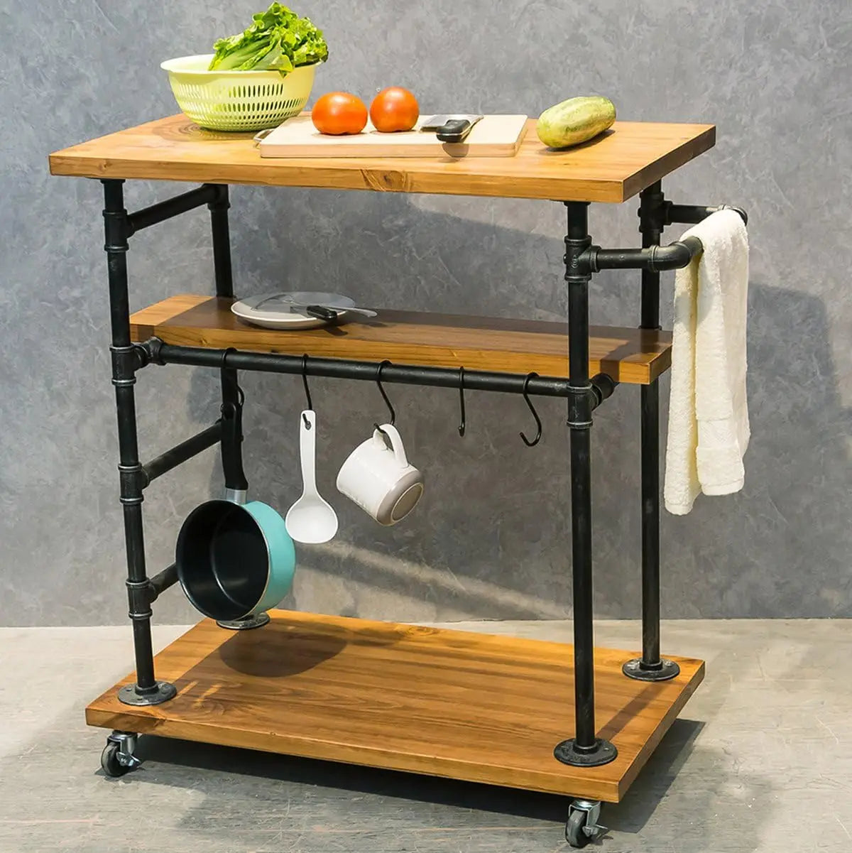 Industrial Style 3-Tier Wheeled Kitchen Island with Wood & Pipe Frame Butcher Block Surface Mobile Serving Cart Multipurpose Wine Coffee Beverage Rolling Bar Trolley for Household Kitchen Home Bar