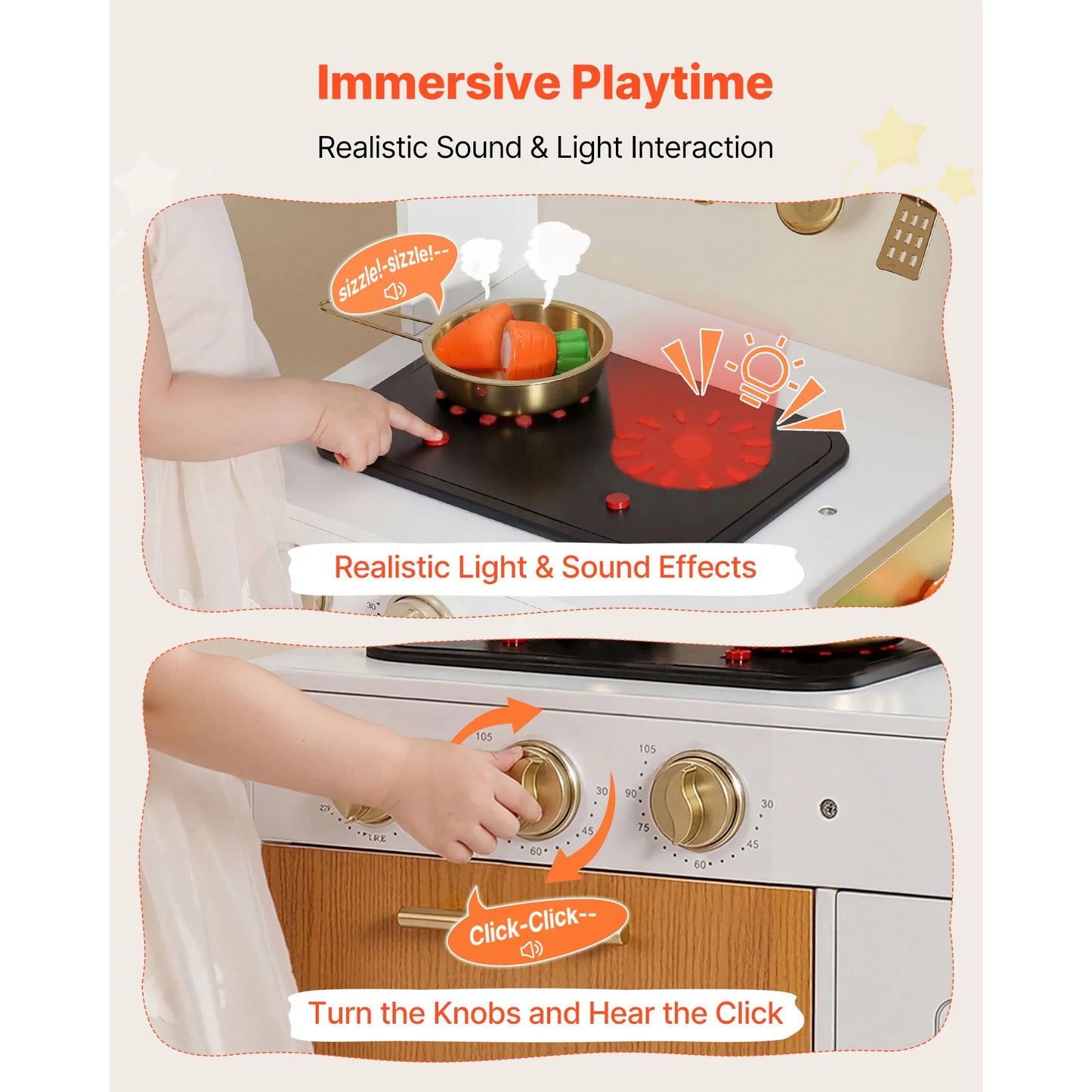 SucceBuy Wooden Kids Kitchen Playset with Lights Sounds & Cookware Accessories Pretend Play Kitchen Toy Set for Toddlers Girls