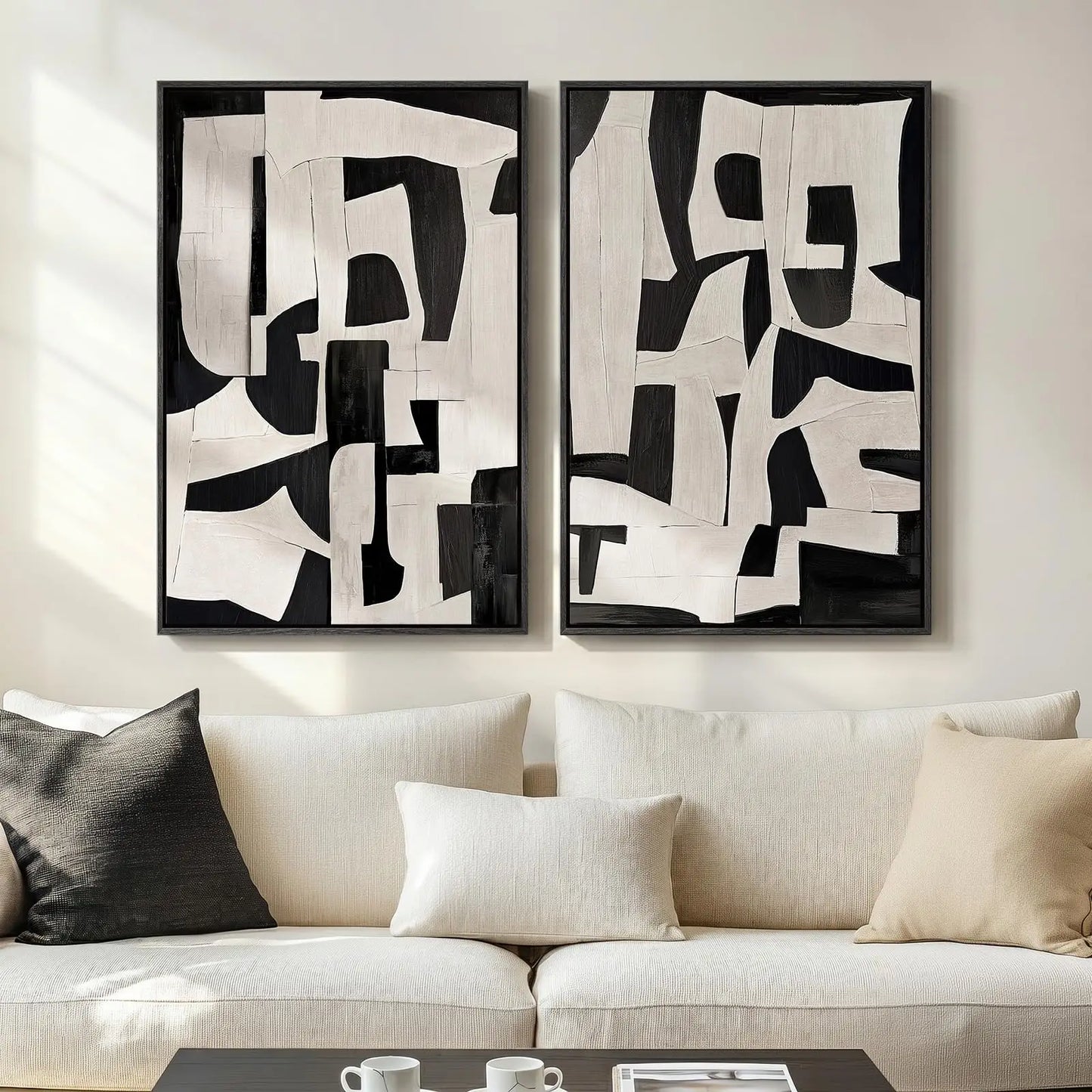 Framed Neutral Abstract Wall Art Set of 2, Black Beige Modern Canvas Prints Paintings Artwork for Walls, Minimalist Block Lines Pictures for Living Room, Dining Room, Bedroom Wall Decor 16x24 In