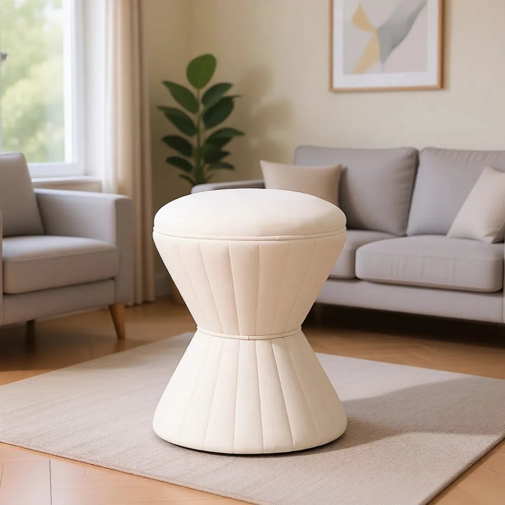 Versatile Velvet Ottoman, Upholstered Vanity Stool, Durable Round Footstool for Various Rooms, Beige