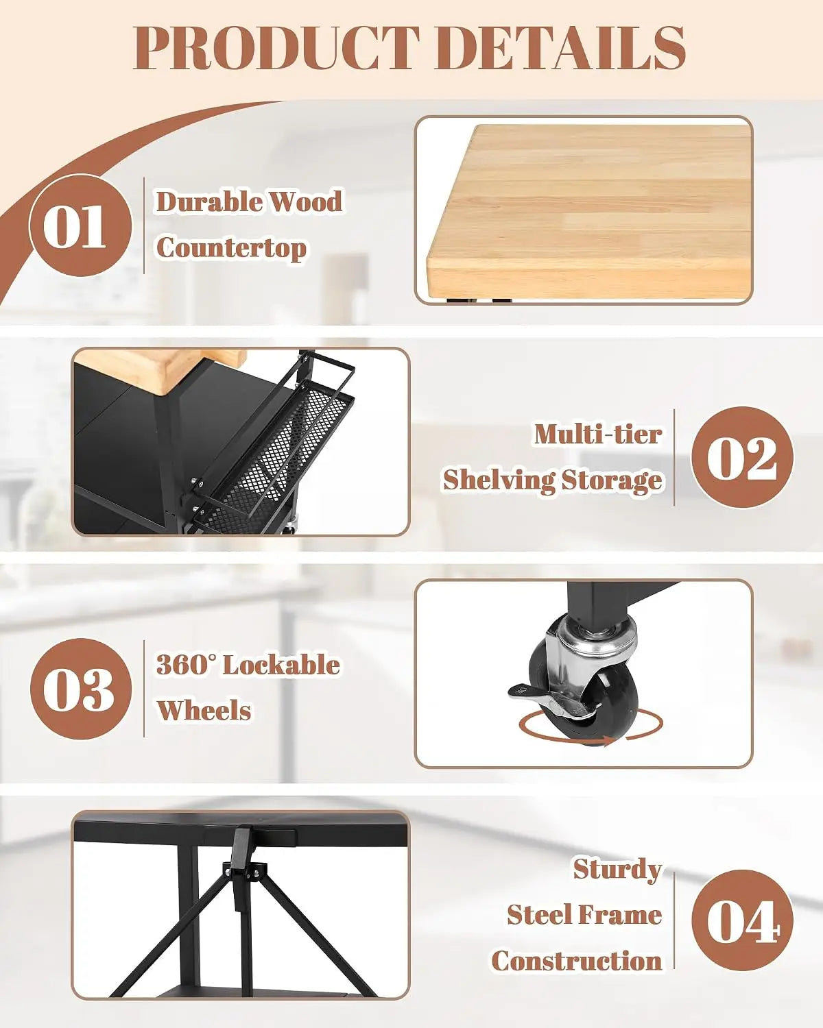 Black Foldable 3-Tier Wheeled Kitchen Cart Mobile Kitchen Island with Wooden Tabletop Multipurpose Microwave Stand & Coffee Bar Trolley Featuring Side Storage Rack for Household Kitchen Storage