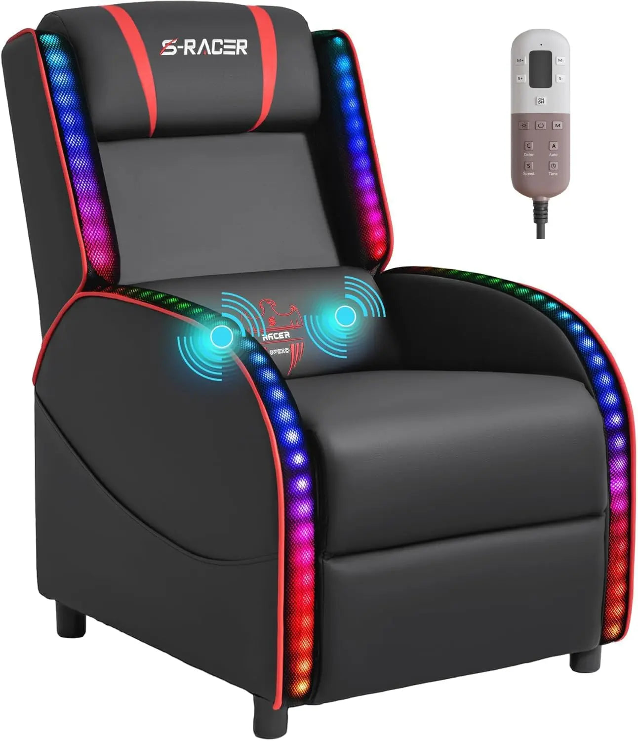 LED Gaming Massage Recliner Chair Racing Style Single Living Room Sofa Comfortable Ergonomic Home Theater Seating(Red)