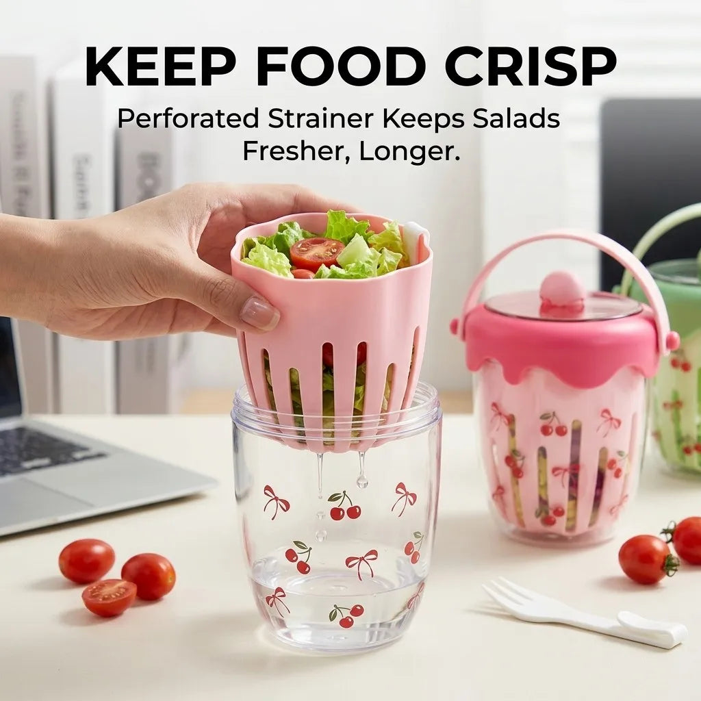 Clear Plastic Salad Container with Lid Fork Double Layer Fruit Drain Cup Yogurt Cereal Snack Bento Lunch Box for Kids School