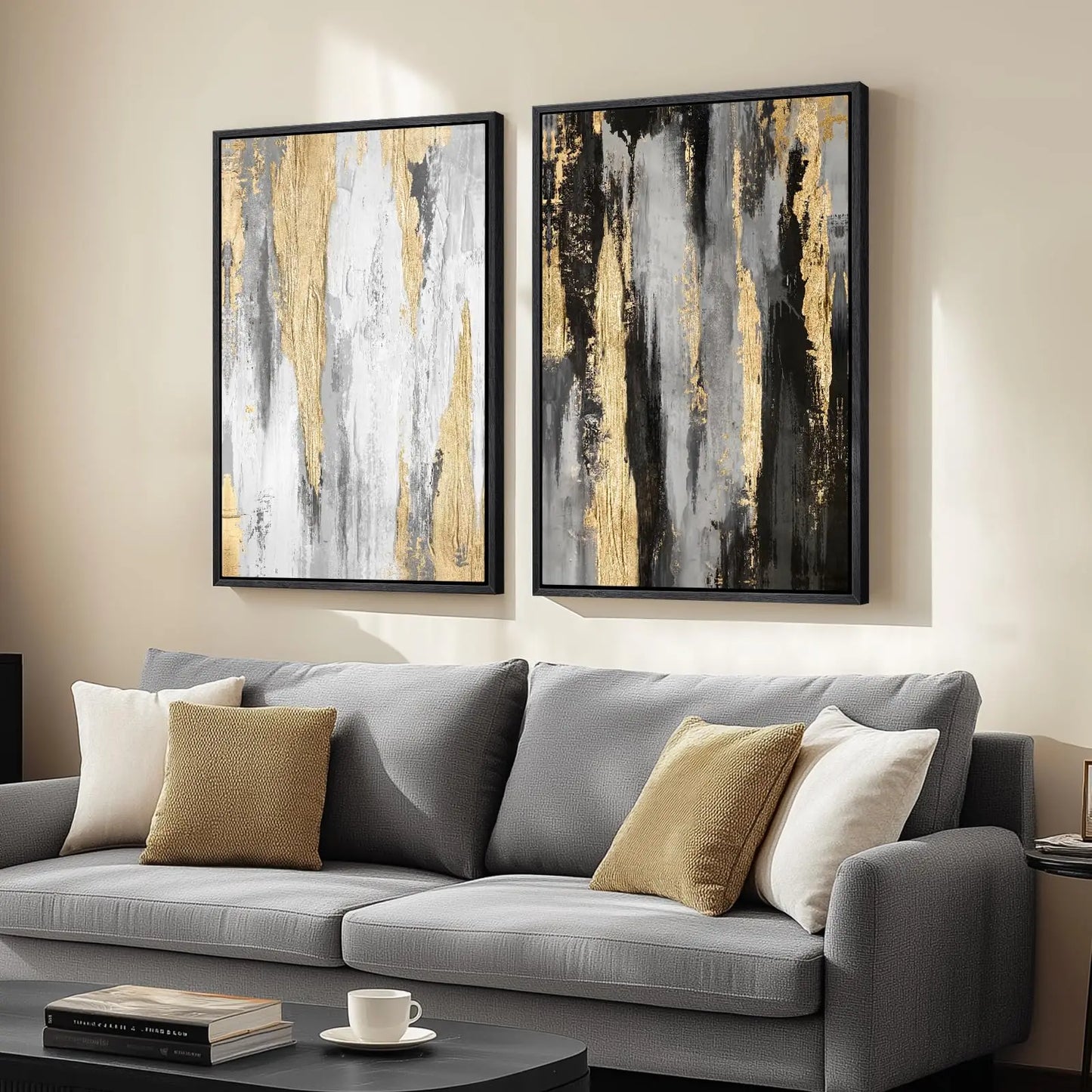 Framed Neutral Abstract Wall Art Set of 2, Black Beige Modern Canvas Prints Paintings Artwork for Walls, Minimalist Block Lines Pictures for Living Room, Dining Room, Bedroom Wall Decor 16x24 In