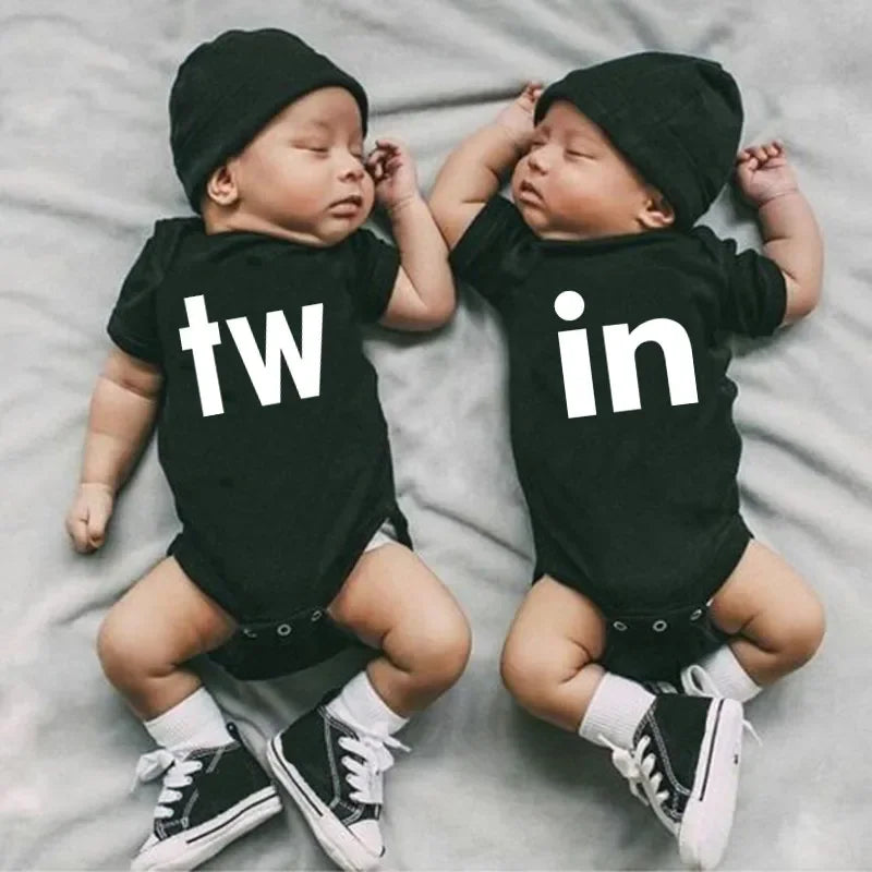 Letter Print Newborn Infant Baby Boys Girls Black Bodysuit Twins Romper Jumpsuit Outfits Hipster Baby Clothes 0-24M