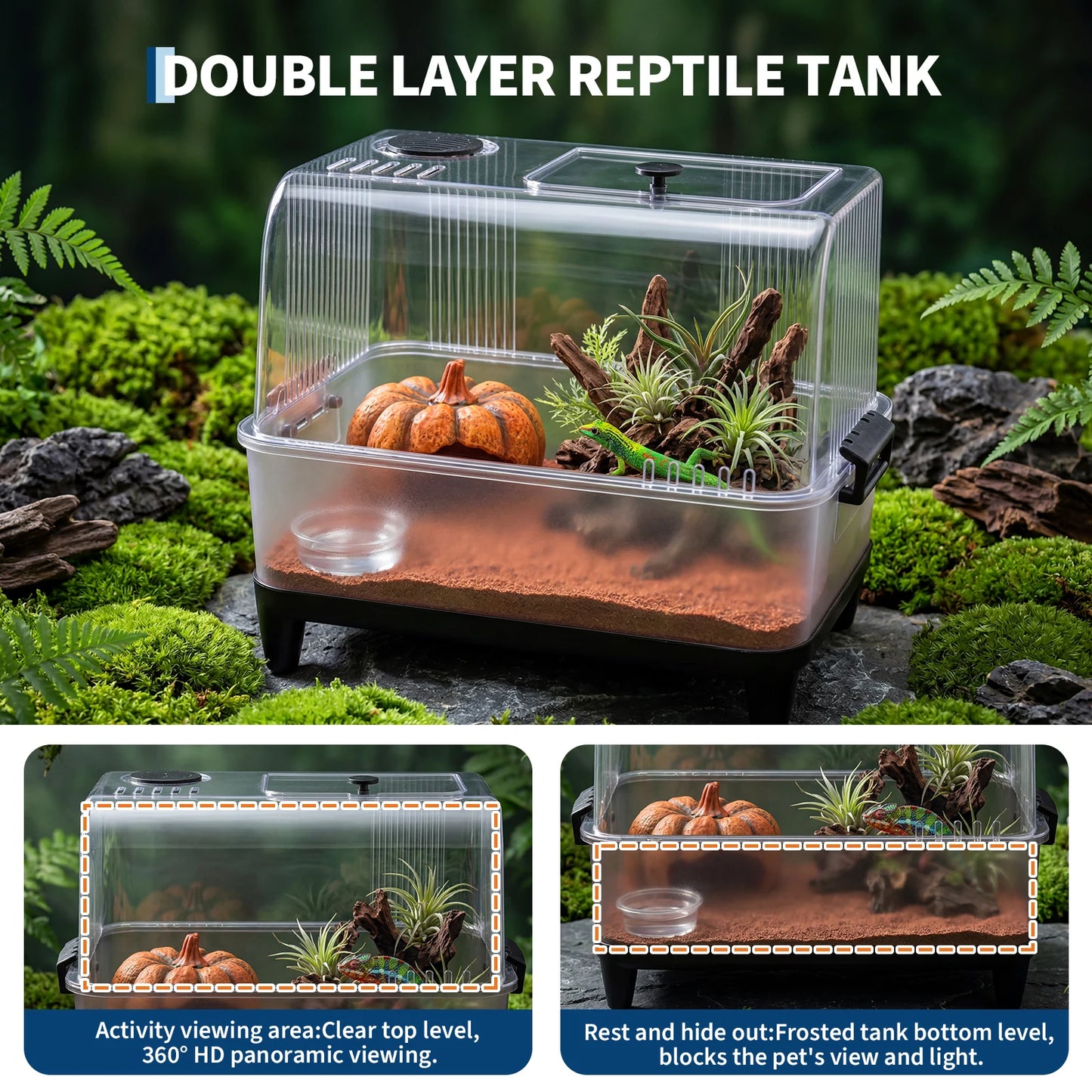 Reptile Tank Starter Kit, Reptile Terrarium Kit, Acrylic Small Reptile Habitat with Lid, Heating Pad, Hygrometer, Bowl,Hide, Sand for Reptiles,Tarantula,Lizards,Frogs,Geckos,or Hermit Crabs