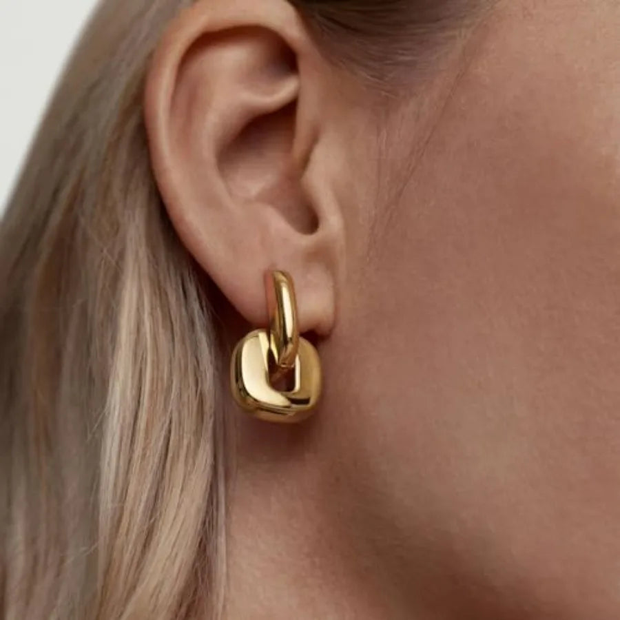 18K Gold Plated Stainless Steel Chunky Link Hoop Earrings for Women, Bold Geometric Statement Earrings Waterproof Fashion Jewel