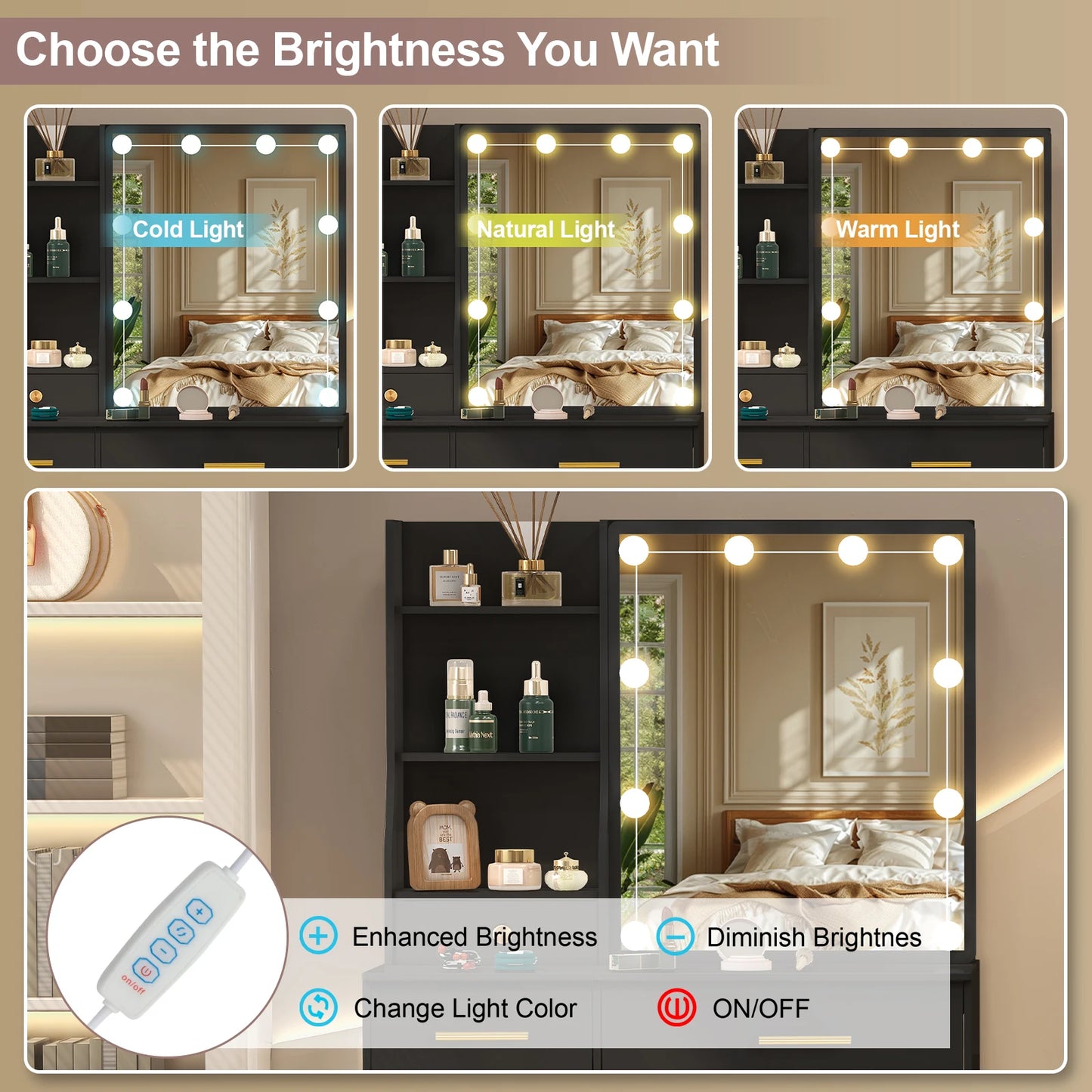 10 LED Lights Makeup Mirror Vanity Table Set with Stool, Sliding Drawers Dressing Desk for Bedroom, Beauty Cosmetic Storage Organizer