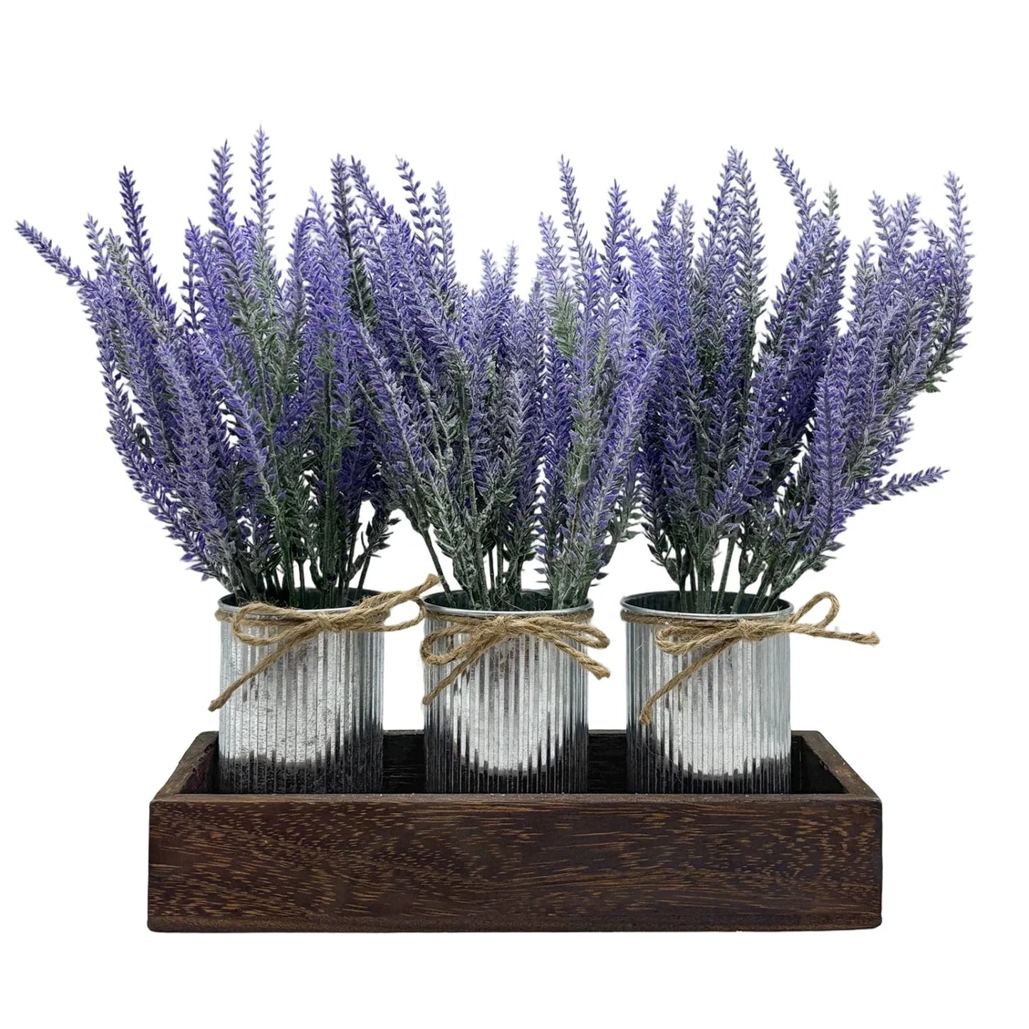 3-Piece Lavender Flowers Artificial with Decorative Wood Tray Set, Small Fake Lavender Plants in Galvanized Metal Pot, Faux Plant Dining Room Table Centerpiece for Kitchen, Coffee Table & Office