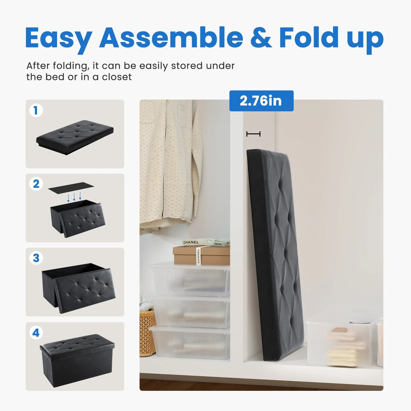 MCQ 30 Inch Faux Leather Foldable Ottoman Foot Rest Stool with Storage Folding End of Bed Storage Bench Storage for Living Room Bedroom Entryway