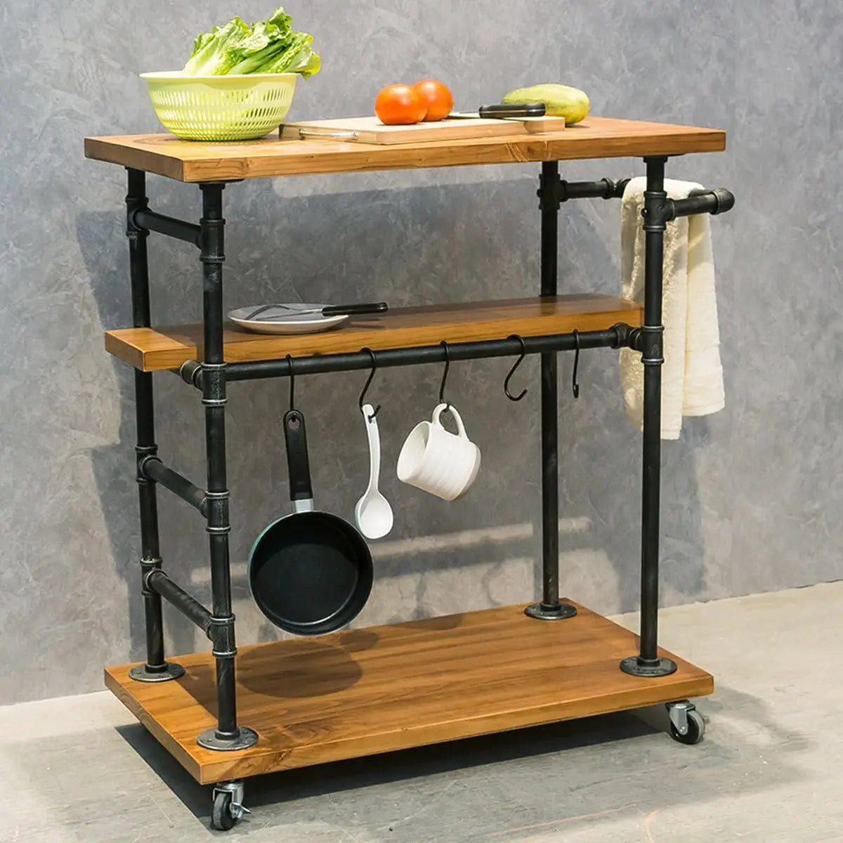 Industrial Style 3-Tier Wheeled Kitchen Island with Wood & Pipe Frame Butcher Block Surface Mobile Serving Cart Multipurpose Wine Coffee Beverage Rolling Bar Trolley for Household Kitchen Home Bar