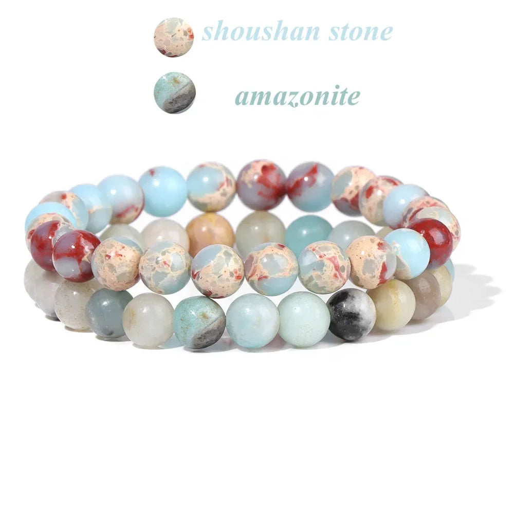 2Pcs Colorful Natural Stone Bead Bracelet Set 8MM Natural Agates Turquois Amethysts Quartzs Gem Stretch Bangle Jewelry Gift