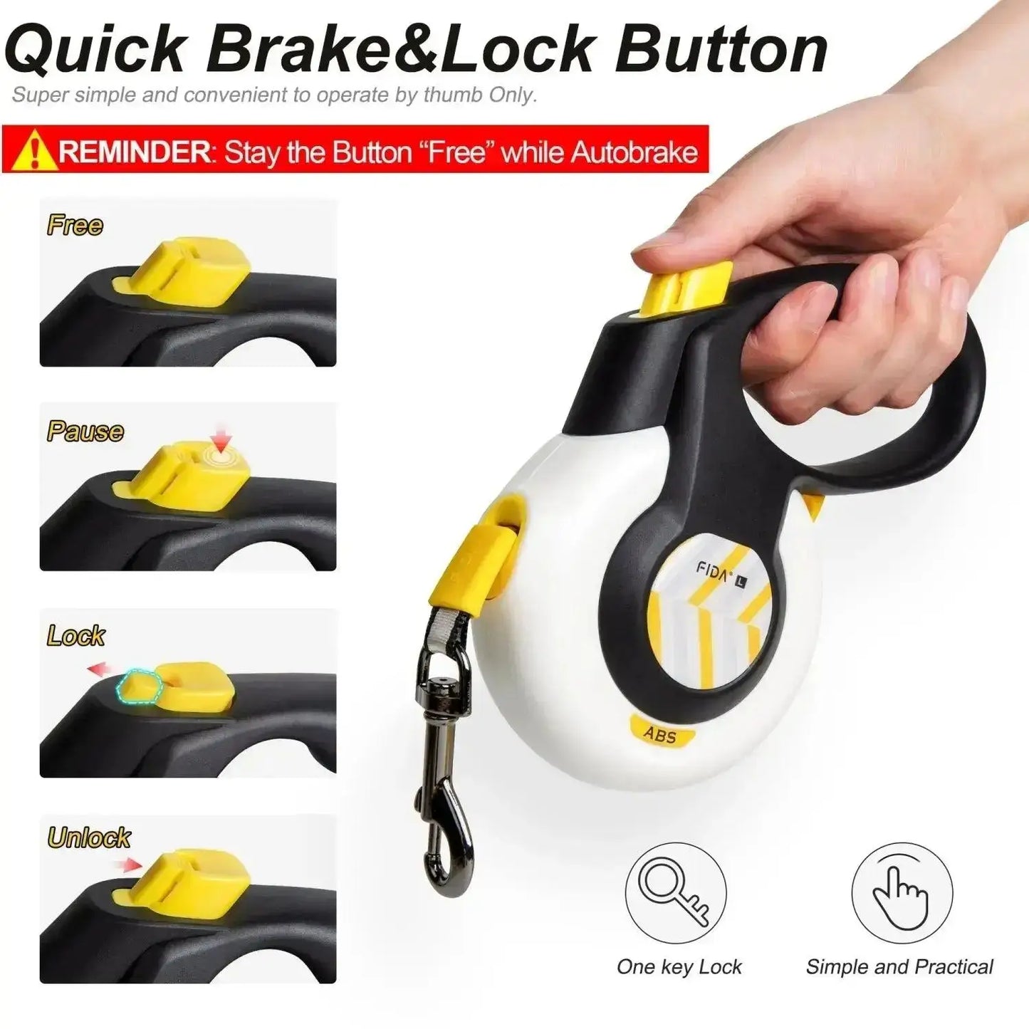 Smart Auto-Brake Retractable Dog Leash 16Ft 5M Heavy Duty No Pull Pet Walking Lead Rope Tangle-Free One-Hand Lock Anti-Slip Soft Handle for Medium Large