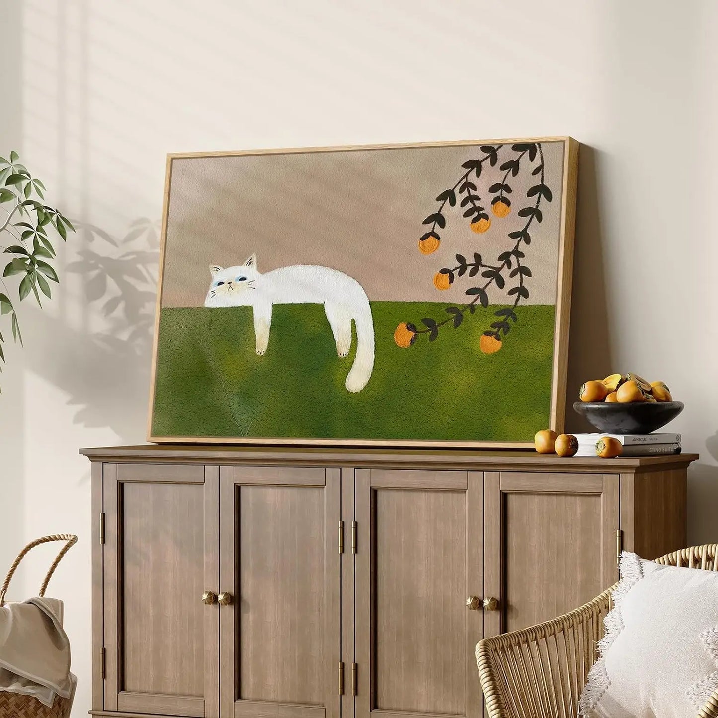 Framed Neutral and Green Wall Art for Bedroom Decor, Large Cozy Cat Canvas Painting Artwork for Room Walls, Green Picture Print for Dining Room Nursery Guest Room Hallway Wall Art Decor, 24x36 Inch