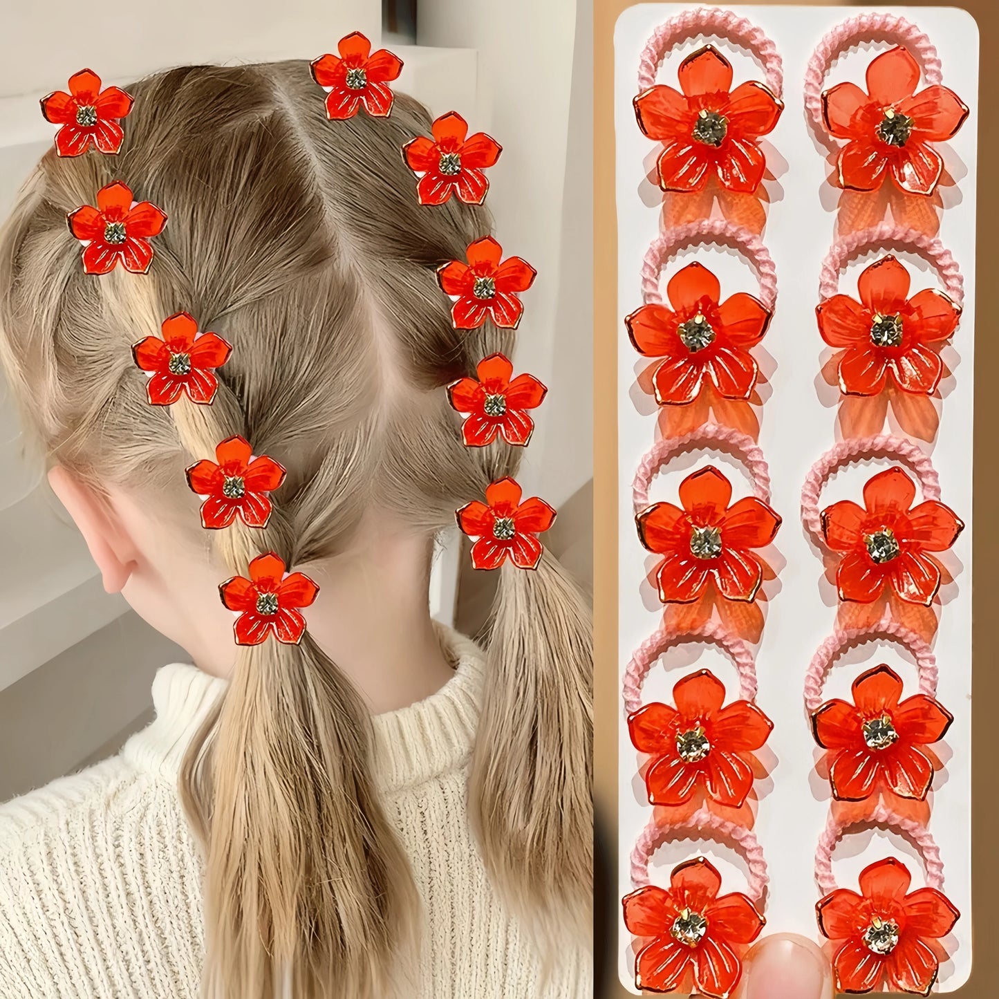 10Pcs Girls Elastic Hair Bands with Rhinestone and Flower Decorations High Elasticity Durable Hair Ties for Outdoors and Braiding